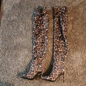 Leopard Print Over-the-Knee Stiletto Boots - Leopard
